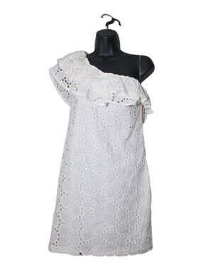 Deja Vu White Cotton Eyelet One Shoulder Dress Ruffle Mini Shift Size Small NWT